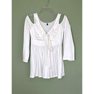 Babydoll Top sz M Cold Shoulder V Neck Lace Tie Y2K Beachy Vanilla Girl